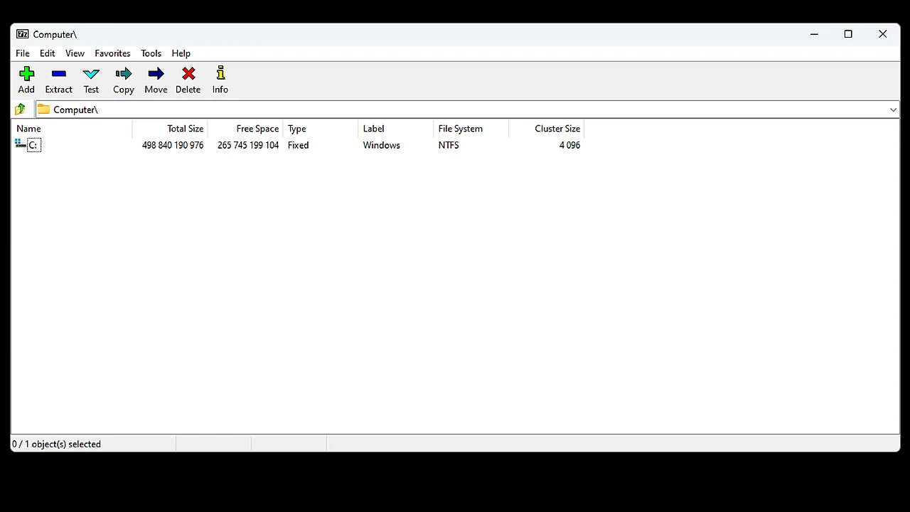 7-Zip file manager window on Windows showing the C: drive with size and file-system columns