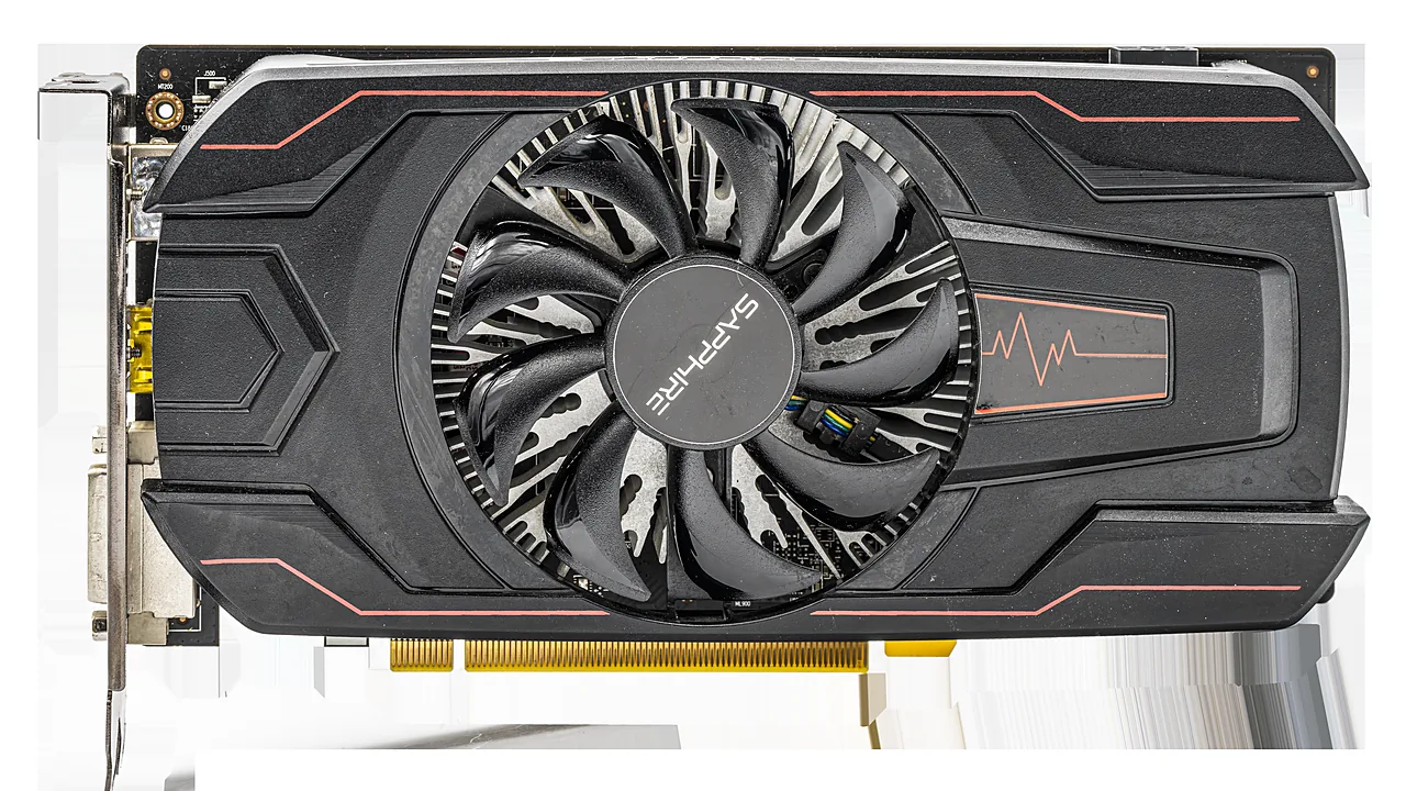 Sapphire Radeon RX 560 graphics card with its cooling fan, top view