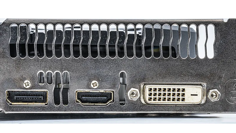 Display outputs of a Radeon graphics card: DisplayPort, HDMI, and DVI