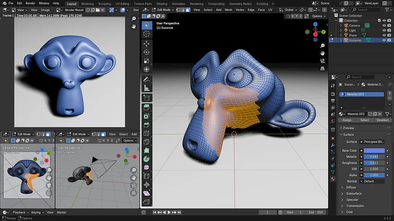 Blender 4.3 interface showing the Suzanne monkey model in Edit Mode with the Layout workspace and properties panel open