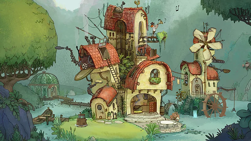 House of Chores splash artwork from Blender 4.3, a stylized watermill house scene rendered entirely in Blender