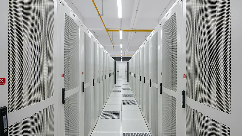 Aisle between enclosed white server cabinets in a data center