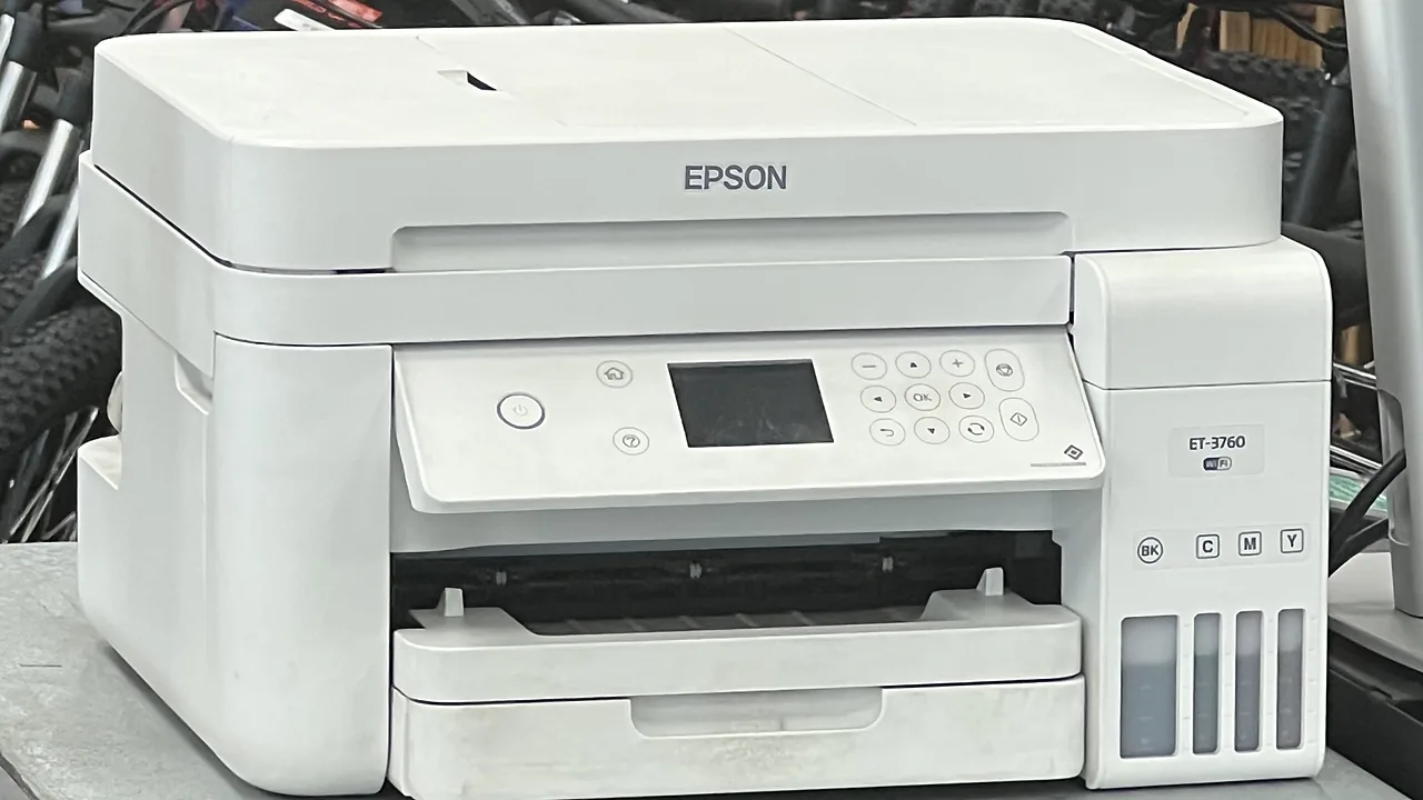 White Epson EcoTank ET-3760 all-in-one printer with its control panel, buttons, and ink tank level windows visible