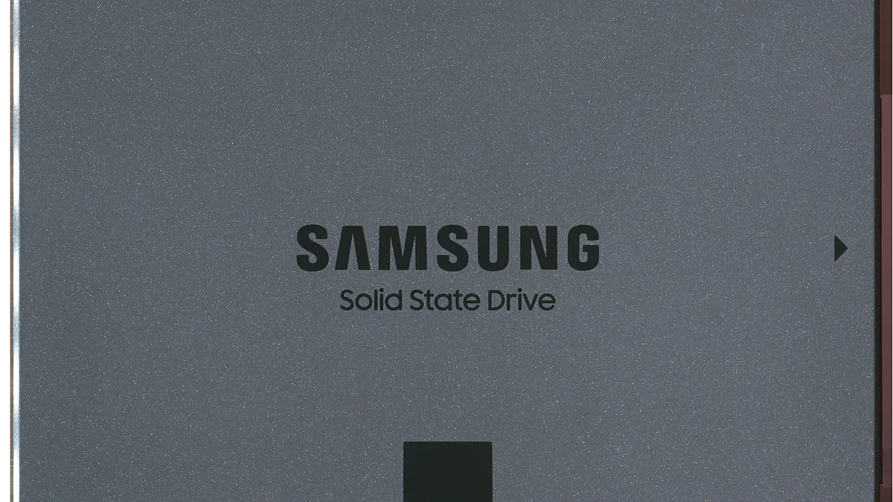 A grey Samsung solid state drive (SSD) showing the Samsung logo