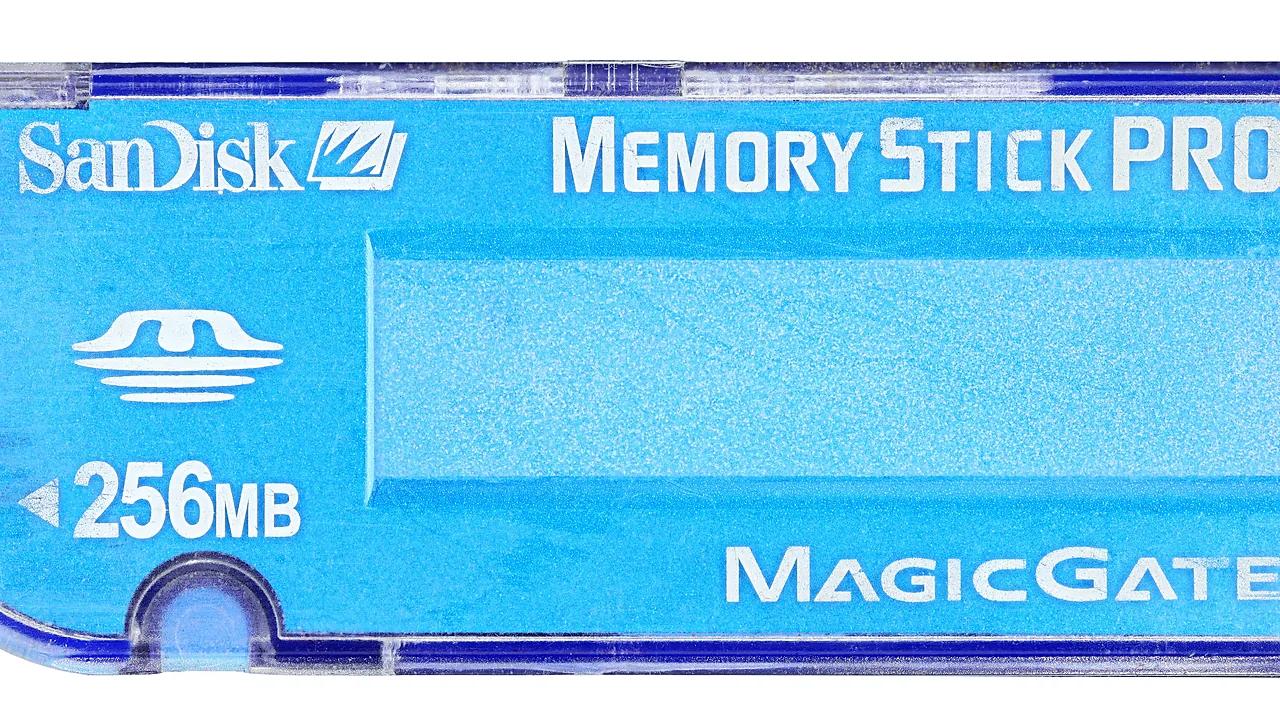 SanDisk Memory Stick PRO 256MB storage card on a white background