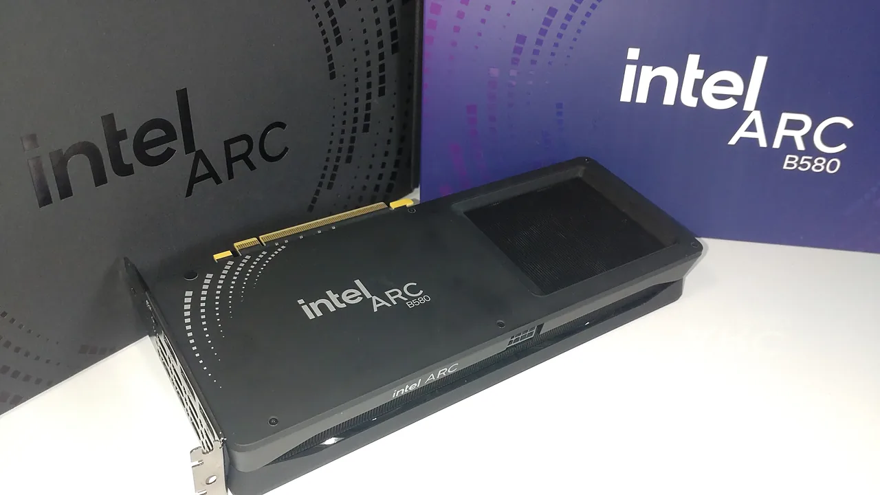Intel Arc B580 graphics card in front of its retail box