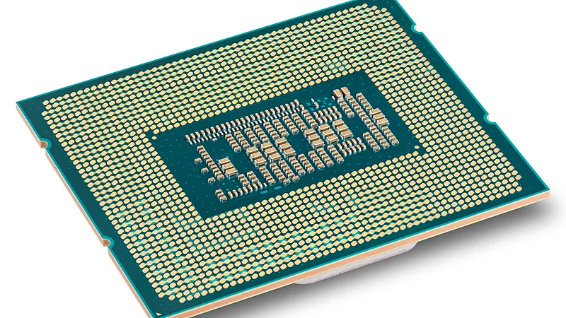 Underside of an Intel Core i7-12700K processor showing its gold contact pads