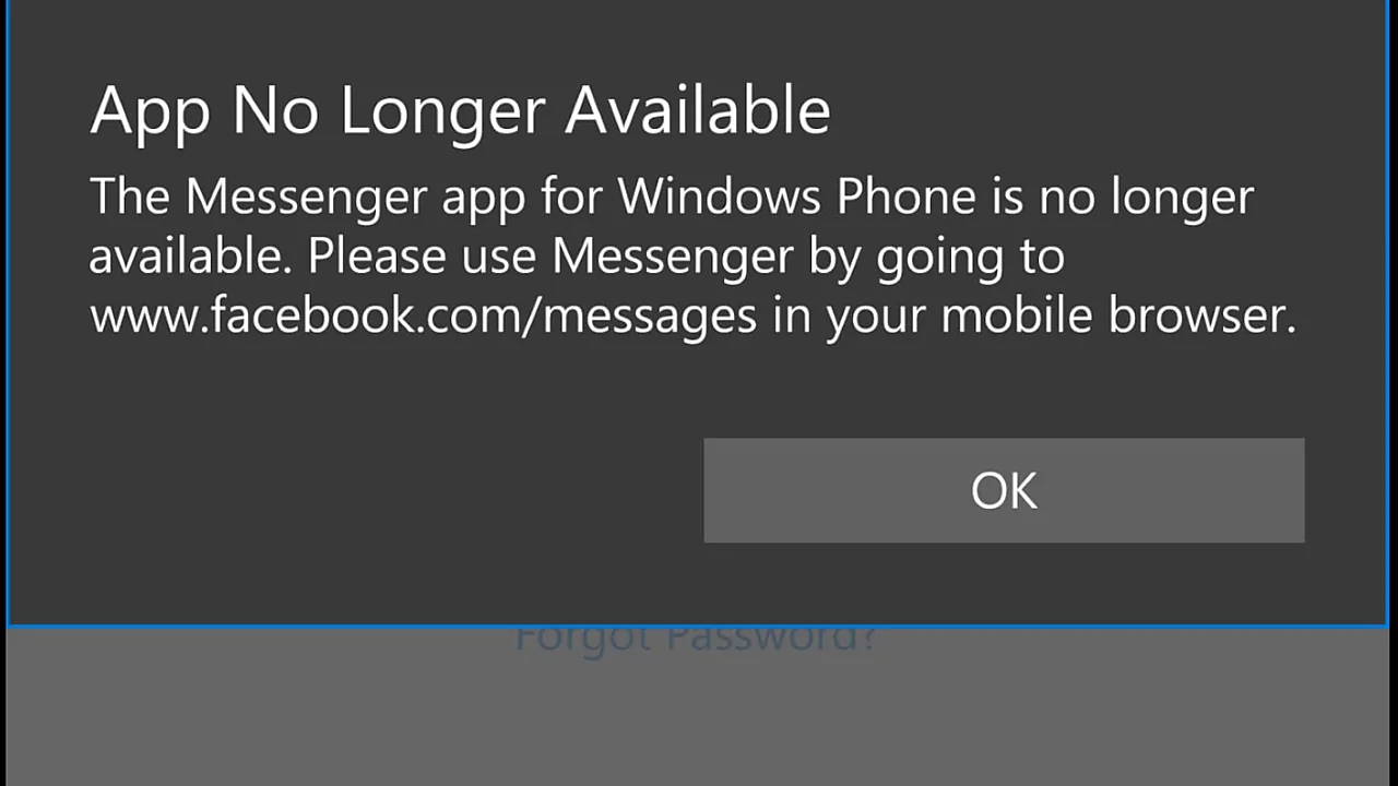 App No Longer Available dialog telling Windows Phone users to open Messenger in the browser instead