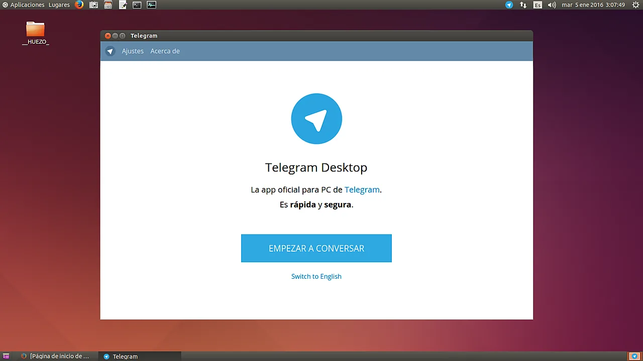 Telegram Desktop welcome screen open on an Ubuntu desktop