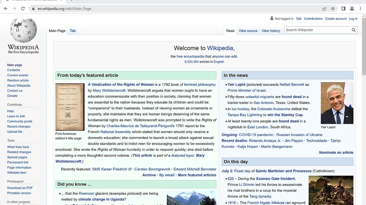 Google Chrome on Windows 11 showing the English Wikipedia main page