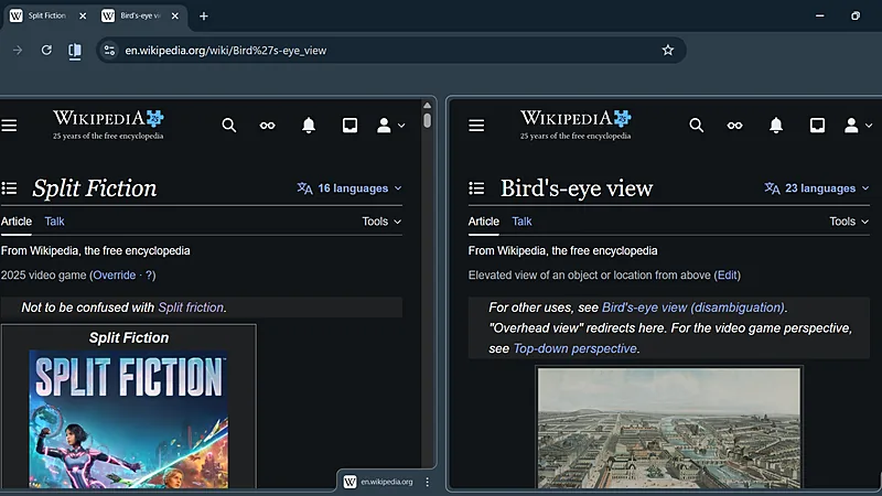 Google Chrome in dark mode showing two Wikipedia articles side by side using Split View