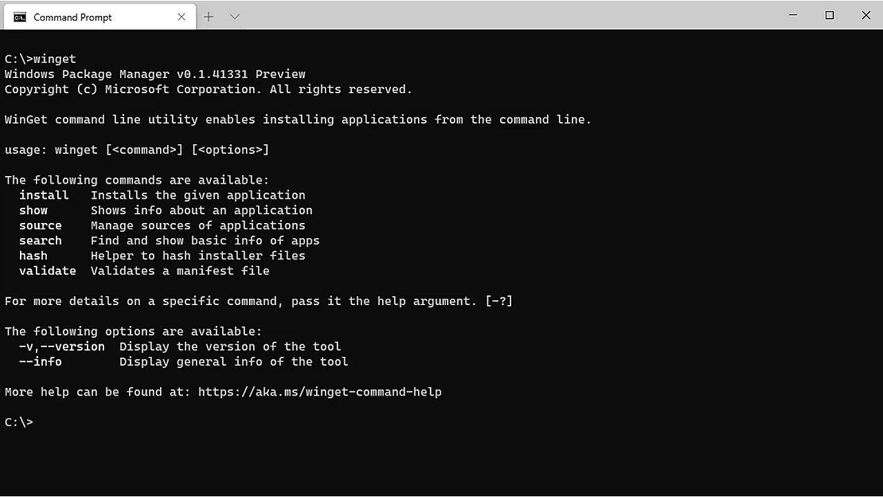 winget command help output in a Windows Command Prompt window, listing install, show, source, search commands