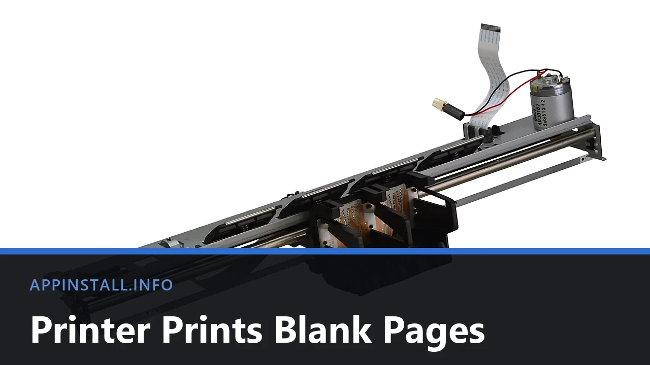 Inkjet printer carriage and print head assembly removed from the printer, with the title Printer Prints Blank Pages across the lower band.