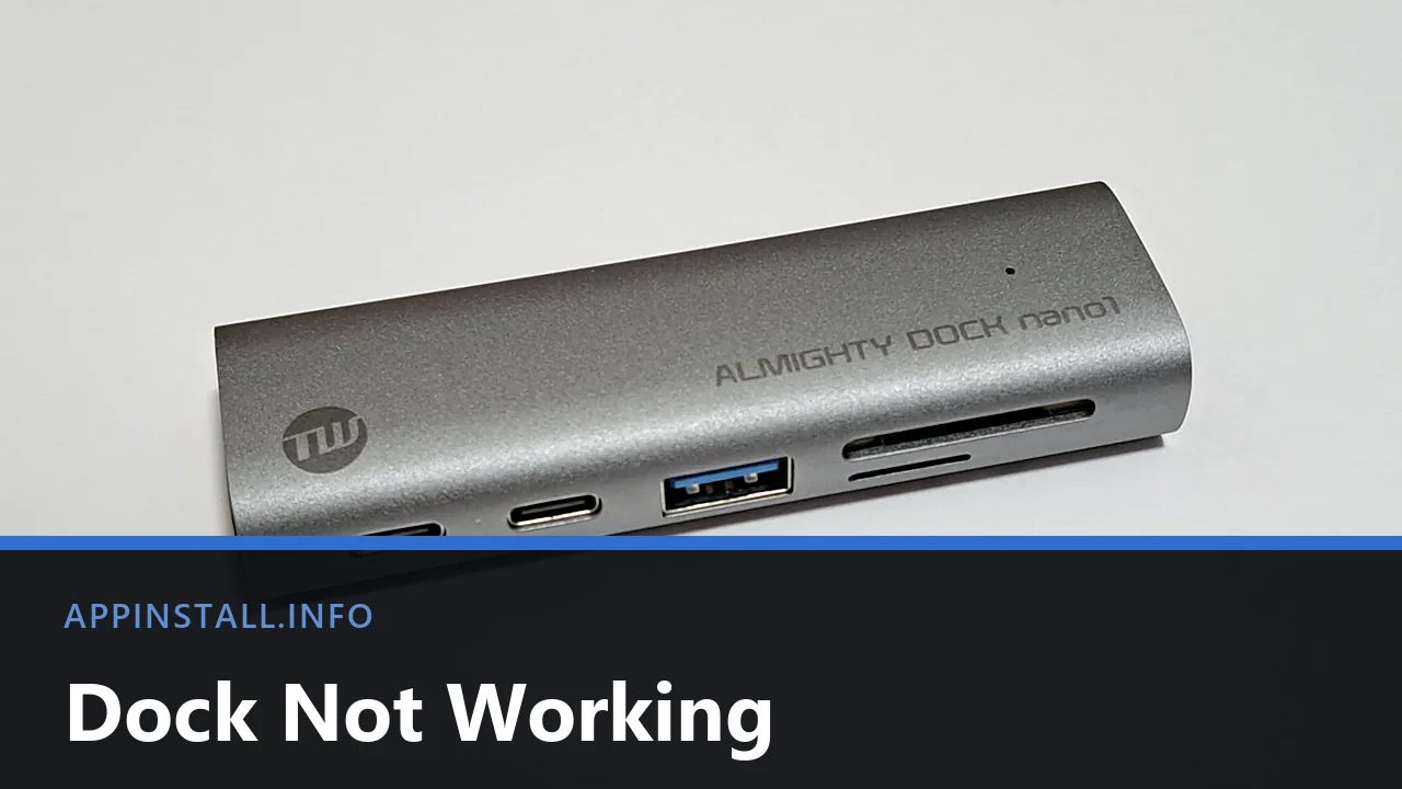 A silver USB-C dock with two USB-C ports, a blue USB-A port and SD card slots, photographed on a plain background, with the title Dock Not Working across the lower part of the image.