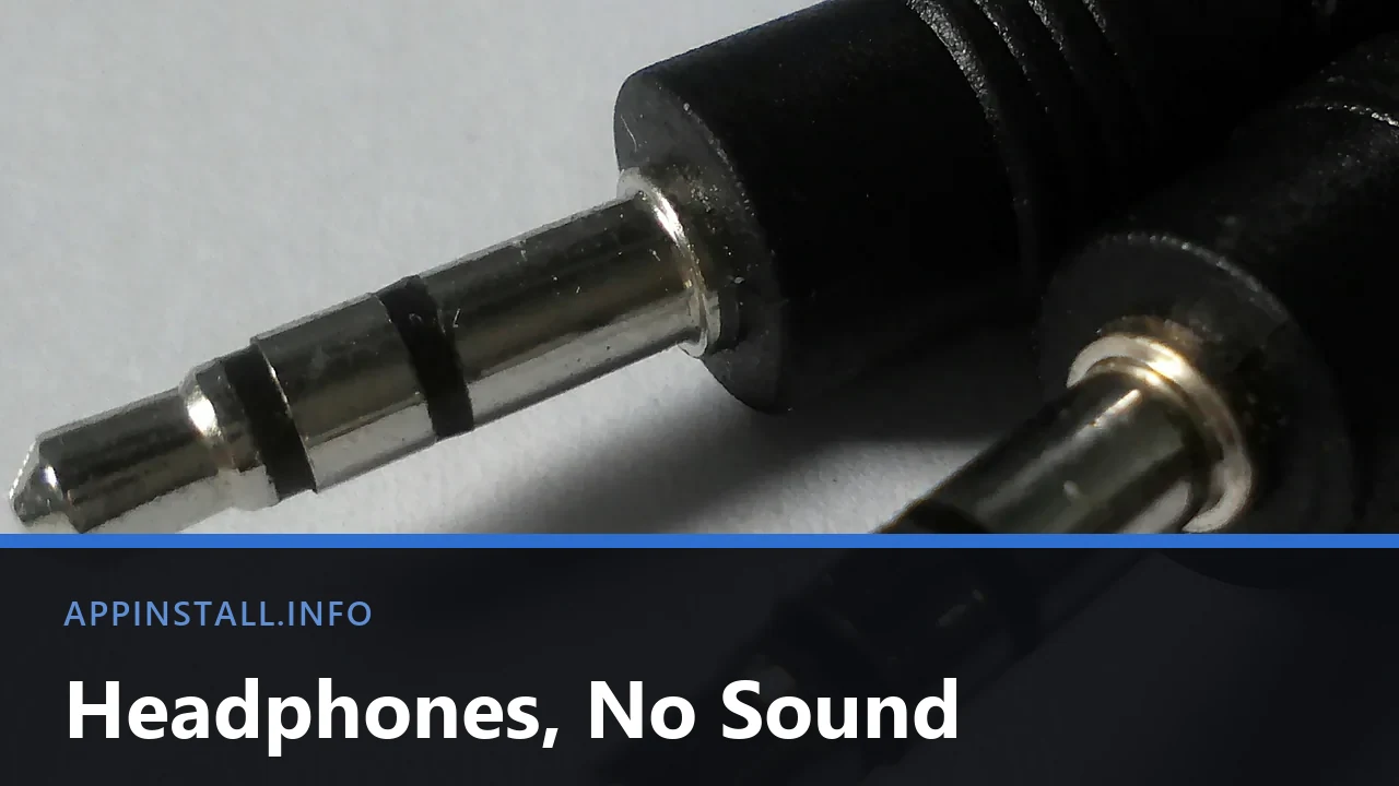 Macro photograph of two 3.5 mm headphone plugs on a white surface, each showing two black rings, with the title Headphones, No Sound across the lower part of the image.