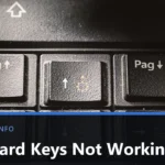 Close-up of dusty black laptop keys including the arrow and page keys, with crumbs visible between them, and the title Keyboard Keys Not Working across the lower part of the image.