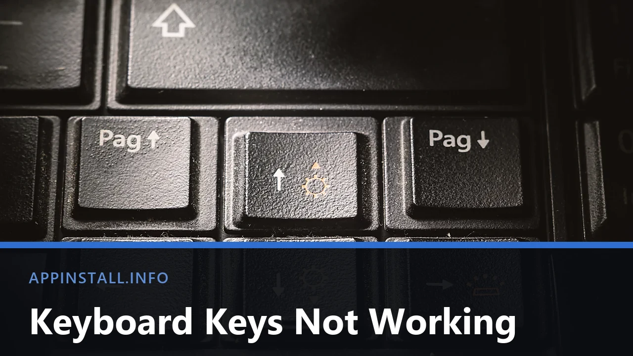 Close-up of dusty black laptop keys including the arrow and page keys, with crumbs visible between them, and the title Keyboard Keys Not Working across the lower part of the image.
