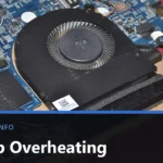 A laptop motherboard with its blower fan and copper heat-pipe radiator still attached, with the title Laptop Overheating across the lower part of the image.