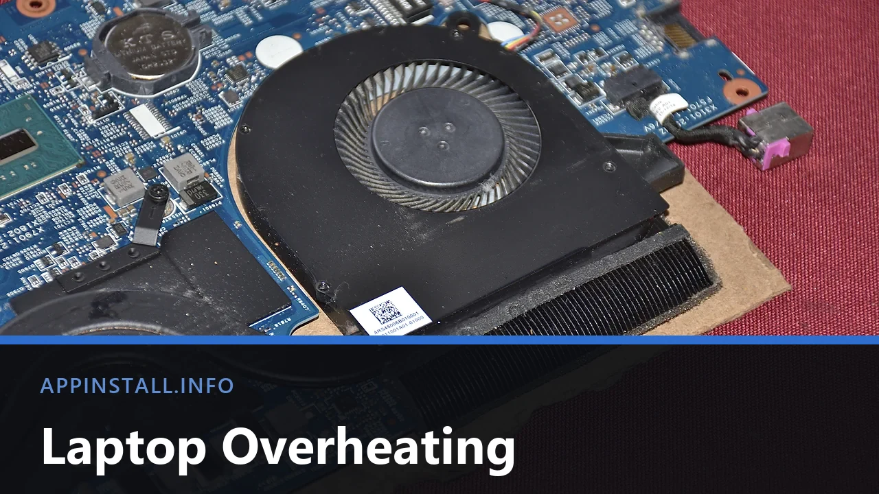 A laptop motherboard with its blower fan and copper heat-pipe radiator still attached, with the title Laptop Overheating across the lower part of the image.