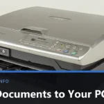 A Brother DCP-115C all-in-one printer photographed on a white surface, with the title Scan Documents to Your PC across the lower part of the image.