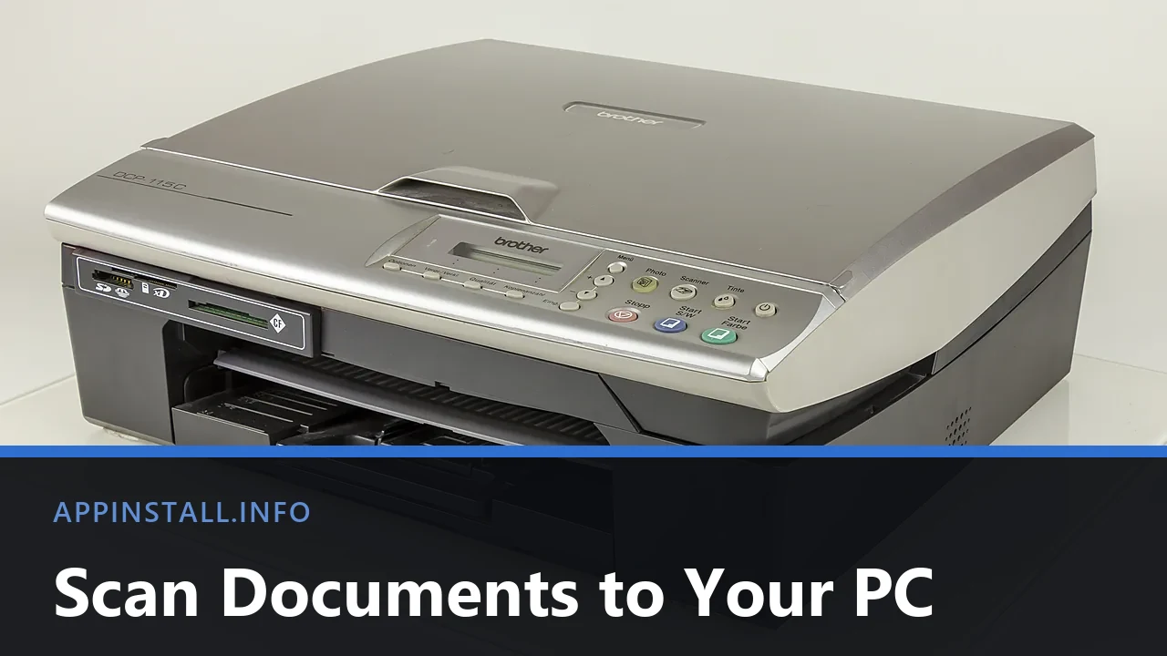 A Brother DCP-115C all-in-one printer photographed on a white surface, with the title Scan Documents to Your PC across the lower part of the image.