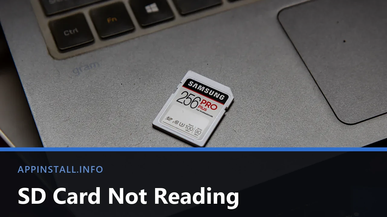 A Samsung PRO Plus 256 GB SD card resting on the palm rest of a laptop beside the keyboard and touchpad, with the title SD Card Not Reading across the lower part of the image.