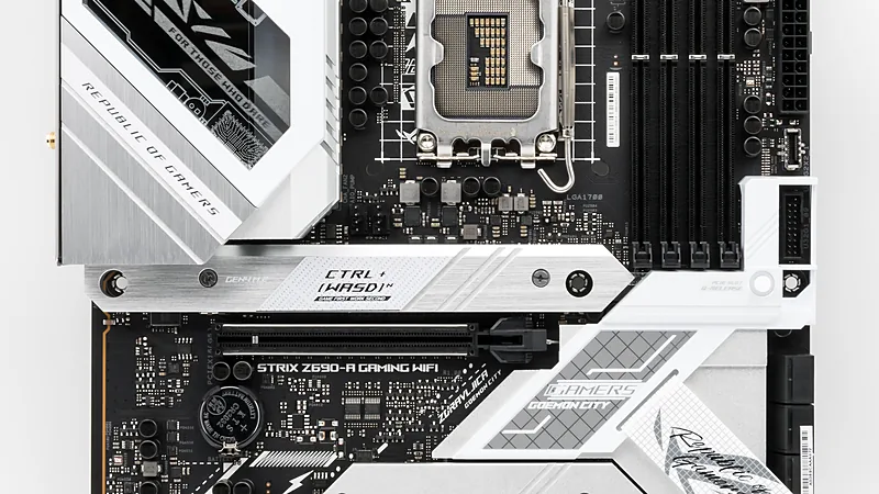 Close-up of an Asus ROG Strix Z690-A motherboard showing the LGA1700 socket and memory slots