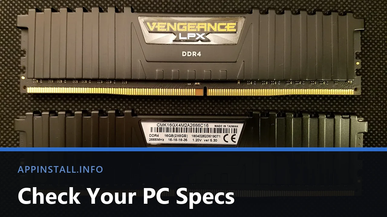 Two Corsair Vengeance LPX DDR4 memory modules side by side, one showing its 16GB 2666MHz specification label, with the title Check Your PC Specs across the lower part of the image.