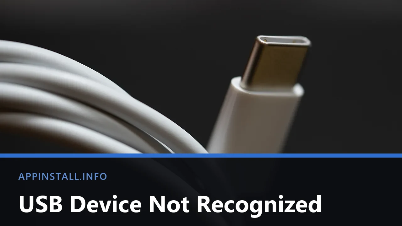 Close-up of a white USB-C cable and connector against a dark background, with the title USB Device Not Recognized across the lower band.