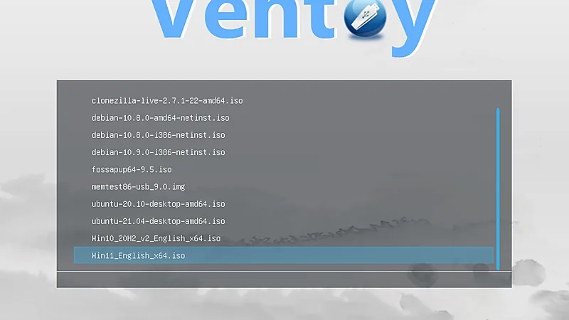Ventoy boot menu listing ISO files on a USB drive, with Win11_English_x64.iso highlighted