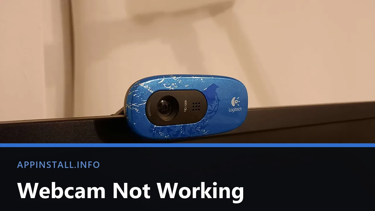 A blue Logitech webcam clipped to the top edge of a monitor, lens and microphone grille visible, with the title Webcam Not Working across the lower part of the image.