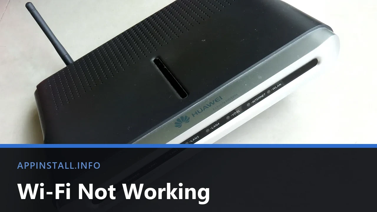 A black Huawei home router with its antenna raised and its WLAN and internet status lights visible, with the title Wi-Fi Not Working across the lower part of the image.